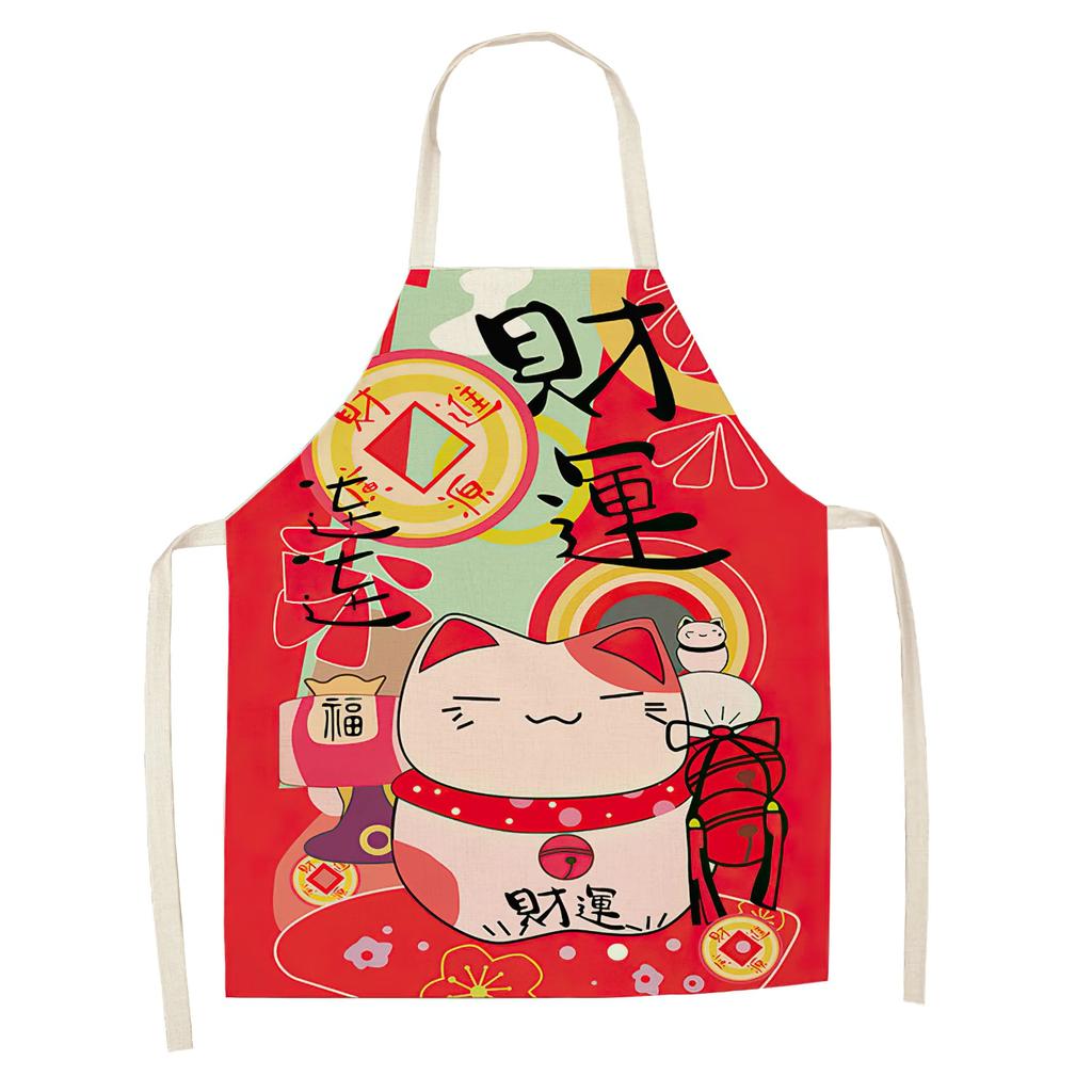 Cotton and Linen Apron Japanese Cartoon Lucky Cat Cooking Sleeveless Bib Waterproof Anti-greasy Kitchen Supplies Chef Apron