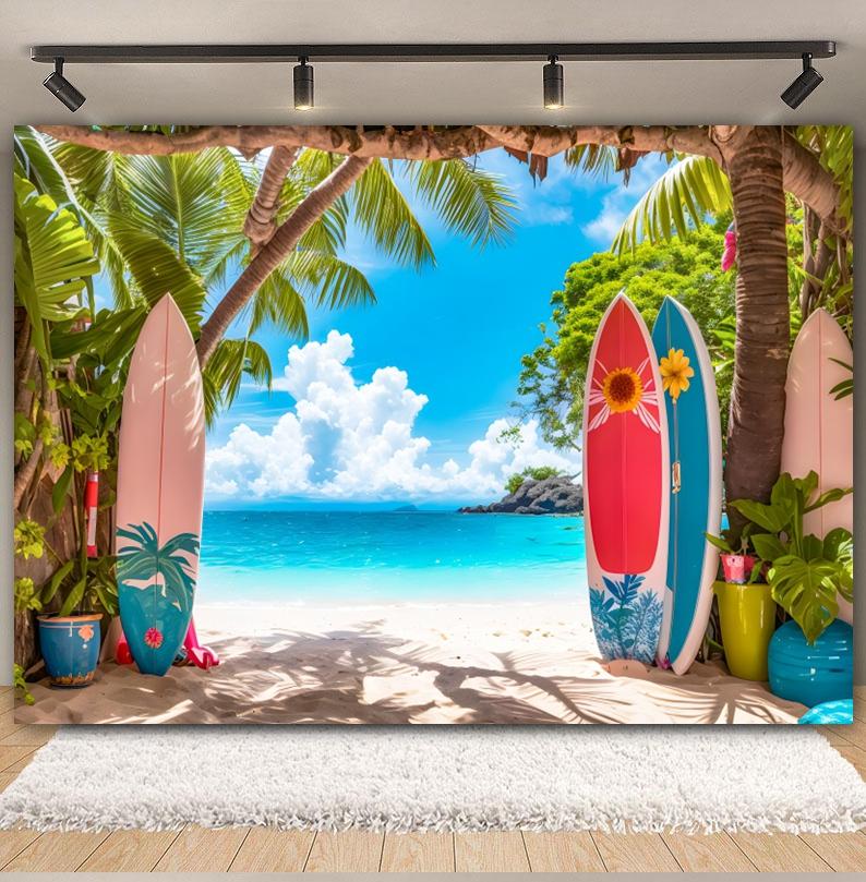 Hawaiian Summer Seaside Backdrop for Photography Tropical Beach Palm Tree Surfboard Baby Birthday Holiday Party Photo Background