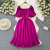 Fashion Dress for Women Square Collar Puff Sleeve A-line Floral Texture Vestido Womens Solid Color Folds Dresses Summer Dropship