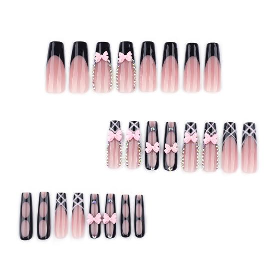 24 Pezzi Unghie Finte Francesi Rosa con Fiocco e Strass, Unghie Finte Lunghe 3D con Charms, Colla per Manicure Fai-da-Te
