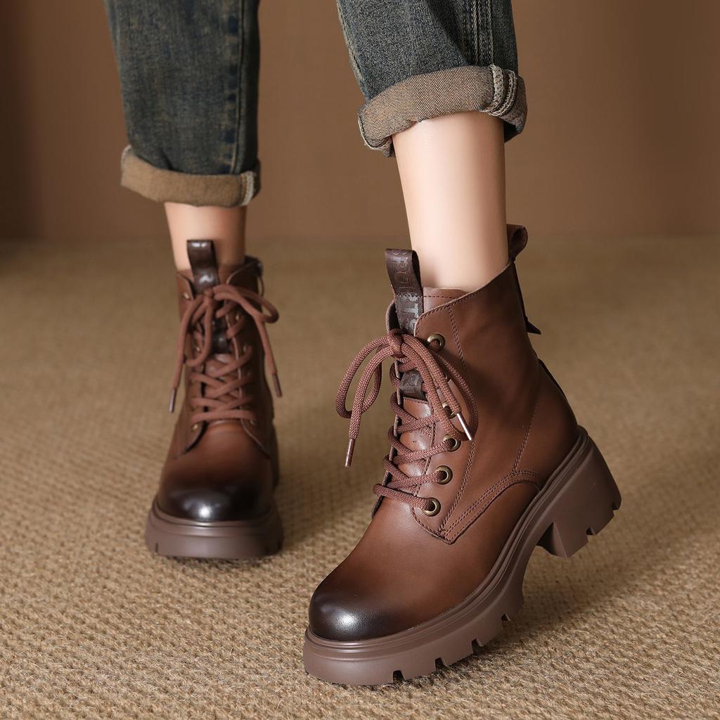Johnature Genuine Leather Women's Shoes Versatile Lightweight Anti Slip Thick Heel Short Boots