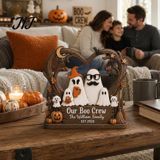 Gifts for Halloween Ghost Family Wooden Plaque, Pumpkin Couple Tabletop Sign, Decorative Plaques Farmhouse Home Ornament Tiered Tray Shelf Decor Theme