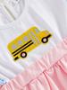 Girls Back To School Outfits School Bus Applique Flutter Sleeve Babydoll Blouse and Ruffled Shorts 2 Piece Summer Set for Kids