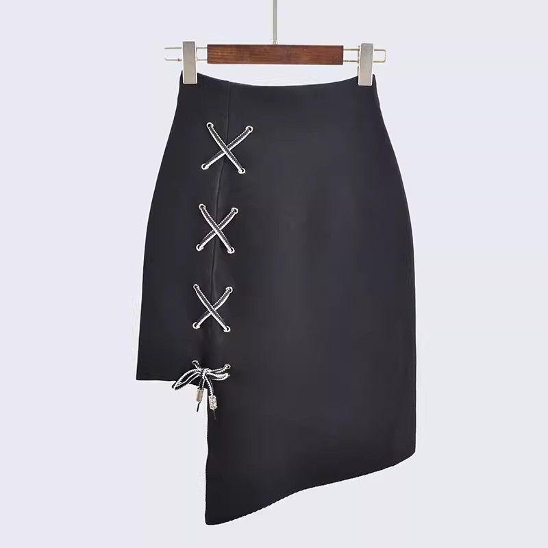 

Irregular Design Spring & Fall Sexy High Waist Elastic Waist Midi Skirt Slim Looking Women s Lace-up Knitting Sheath Skirt Black All yards