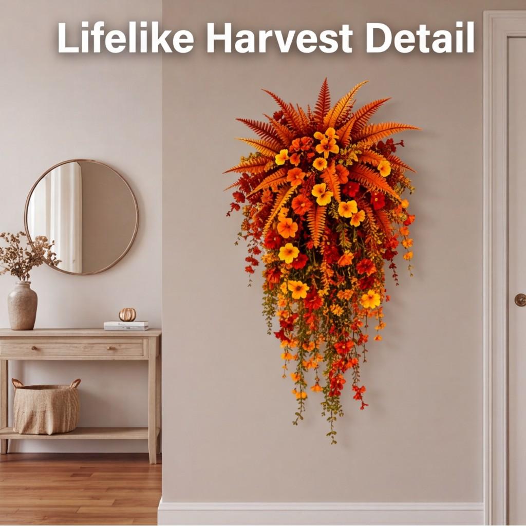 Artificial Fall Harvest Hanging Basket with Lifelike Autumn Flowers - 75cm Trailing Vines Maintenance-Free Indoor Outdoor Porch Thanksgiving Decor