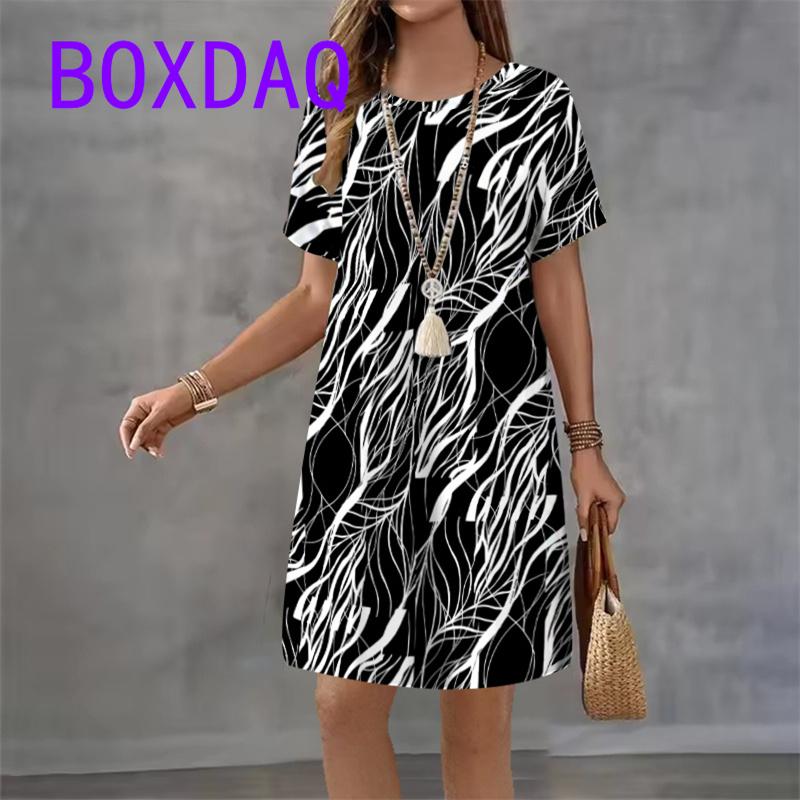 

Vintage Black White Striped Print Women A-Line Dress Casual Short Sleeve O-Neck Loose Mini Dress Summer Ladies Flower Dress XL