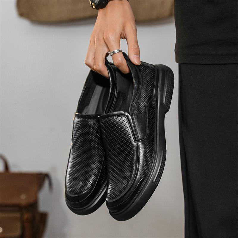 

Leather shoes men s summer business leisure work shoes hollow breathable punched soft leather all black pure cowhide men s shoes 44 чёрный