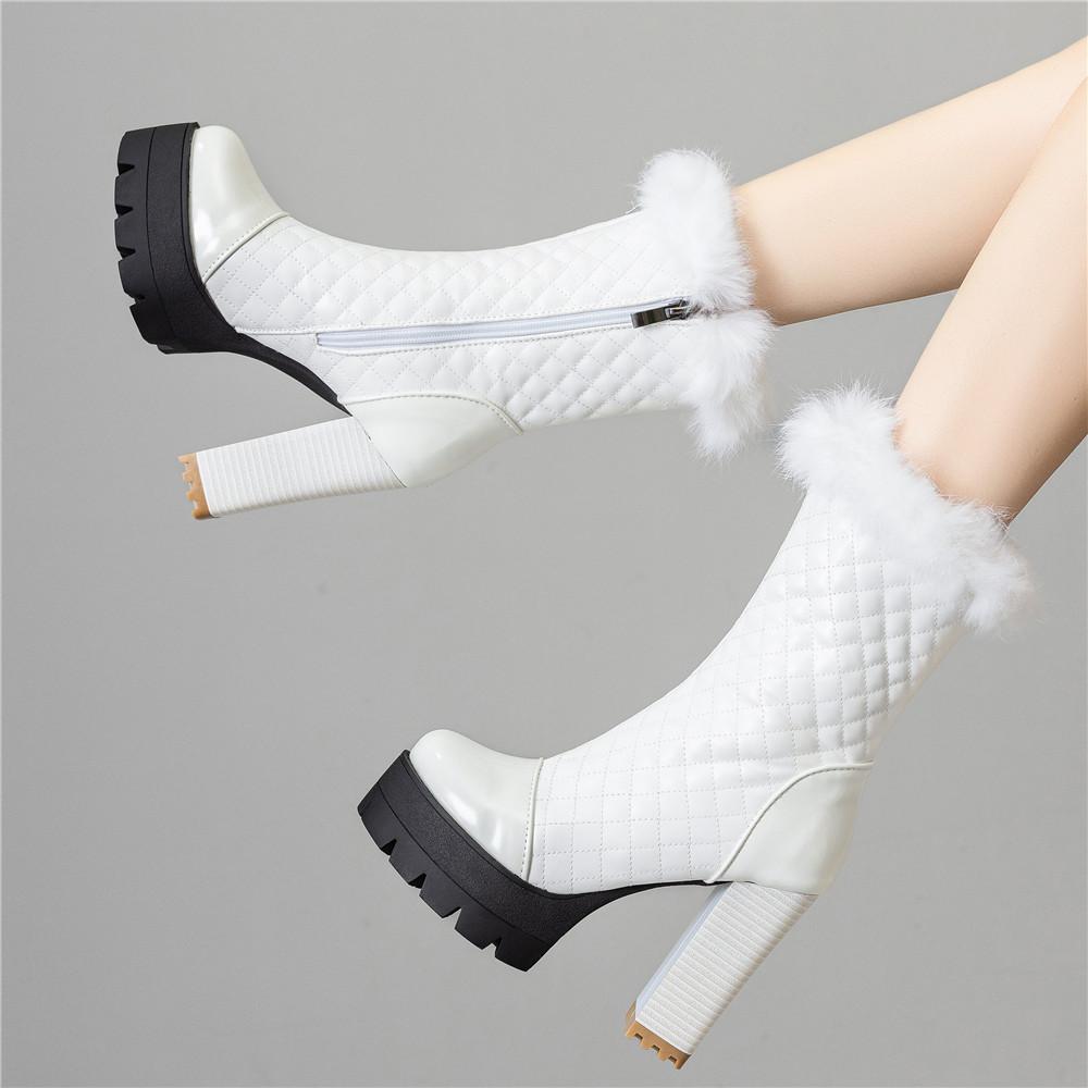 Fashion Womens Fur Thick High Heel Shoes Platform Elastic Band Side Zip Chelsea Boots Black Ankle Boot Zapatos Para Mujeres Motorcycle