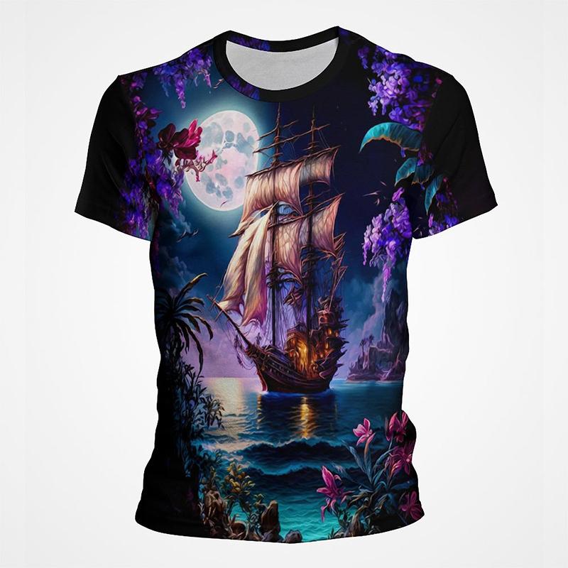 Segelboot Piratenschiff Grafik T-Shirts Herren 3D-Druck Kurzarm Tee Tops Lässig Herren Übergröße Streetwear T-Shirt Ropa Hombre