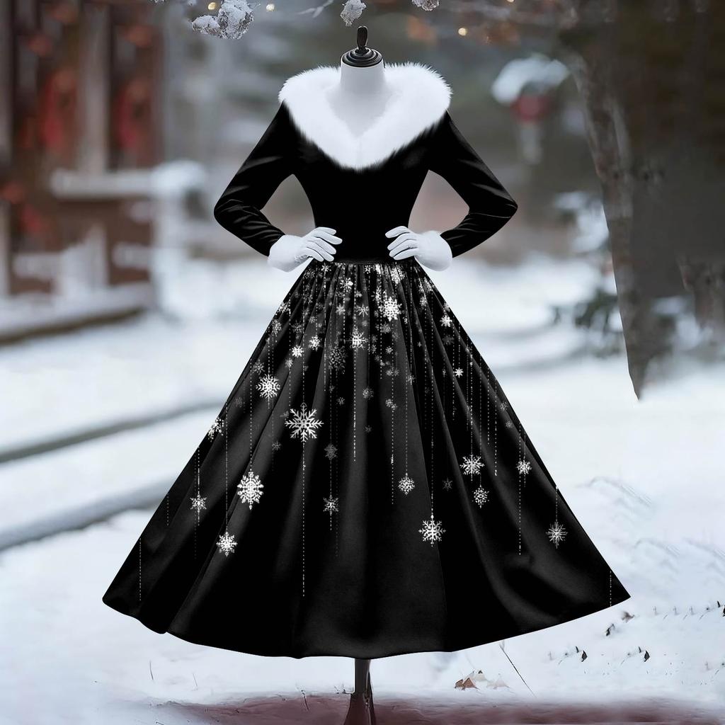 Women's Casual Dress Long-Sleeve V-Neck Patchwork Fleece Christmas Print Dress