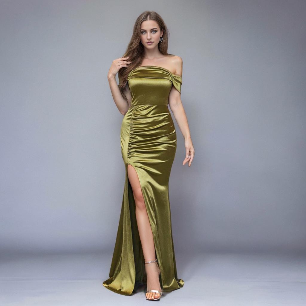 Elegant Satin Strapless High Waist Slit Fishtail Gown