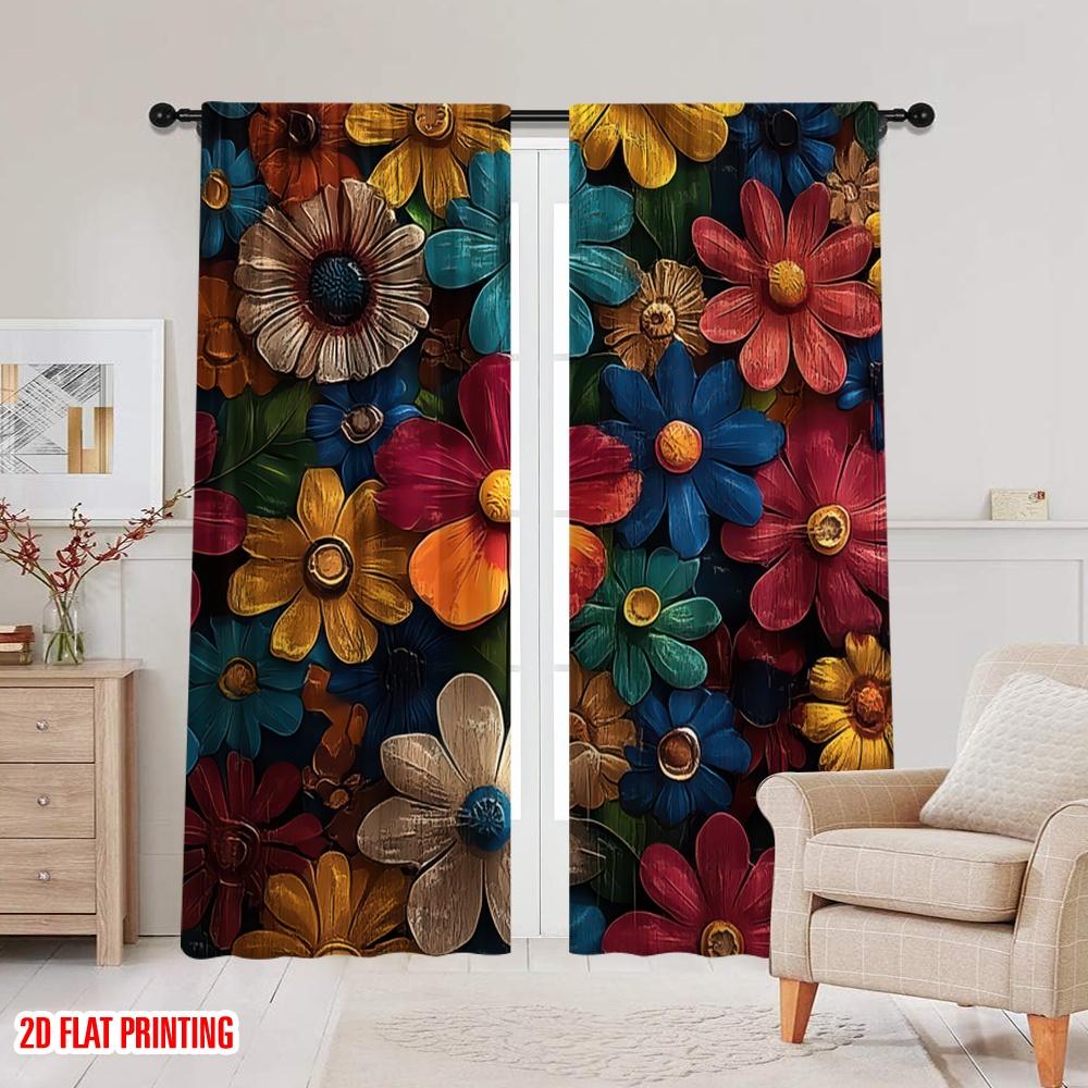 2D Flat Printing 2pcs Window Curtains Vintage Floral Durable Polyester  Without Electricity Birthday Party Perfect for Indoor