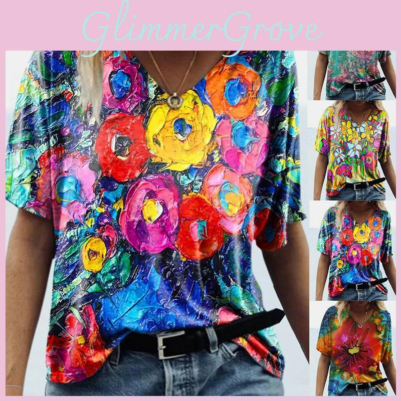 Summer Casual T Shirt With Floral Print And V Neck For Women