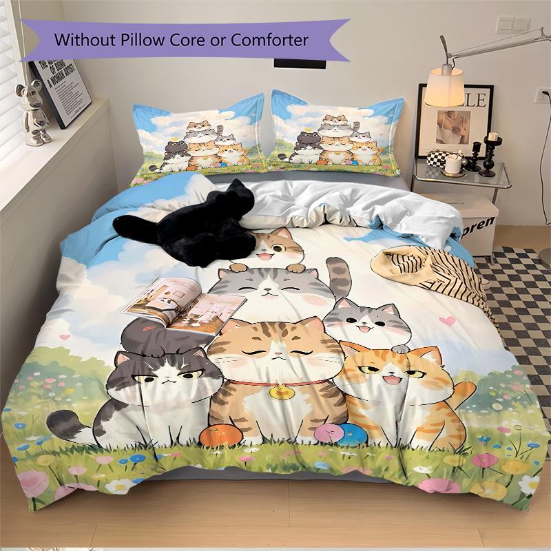 3pcs Seven Happy Cats Bedding Set, Including 1 Quilt Cover and 2 Pillow Shams, Without Filling, Soft and Comfortable Home Bedroom Fabric, Fa