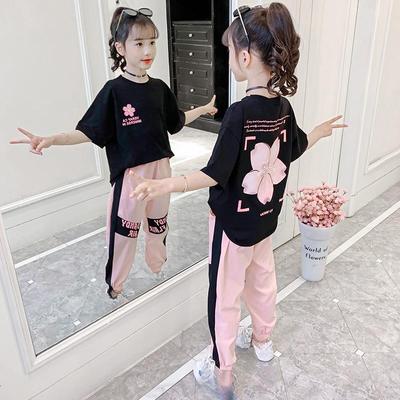 Girl's Summer Suit Middle and Big Children Short-sleeved Round Neck T-shirt + Anti-mosquito Pants Two-piece Set