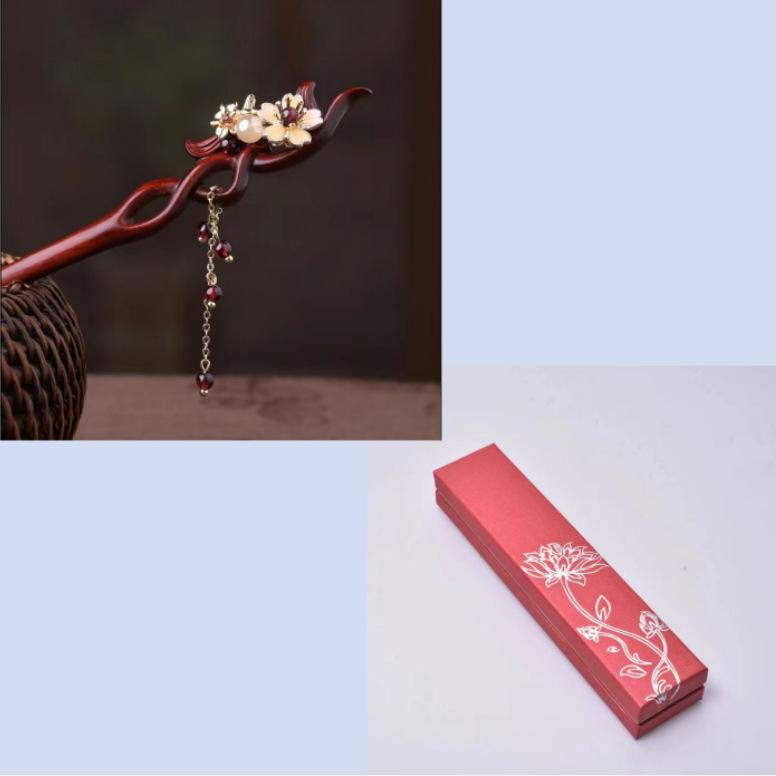 GEMCHIC Women's Vintage Chinese Style Red Sandalwood Hairpin with Cloisonné Flower and Tassel, Elegant Hanfu & Cheongsam Bun Accessory