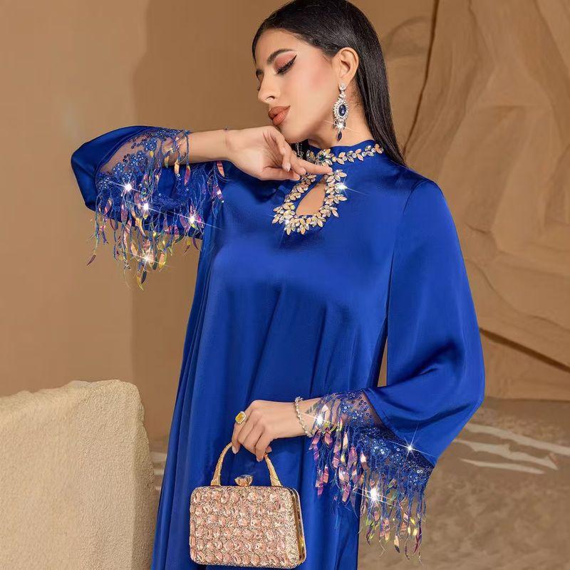 

New Arrival Djellaba Stand Collar Seam Drill Gradient Tassels Loose-Fitting Dress Gradient Tassel Dress Blue L