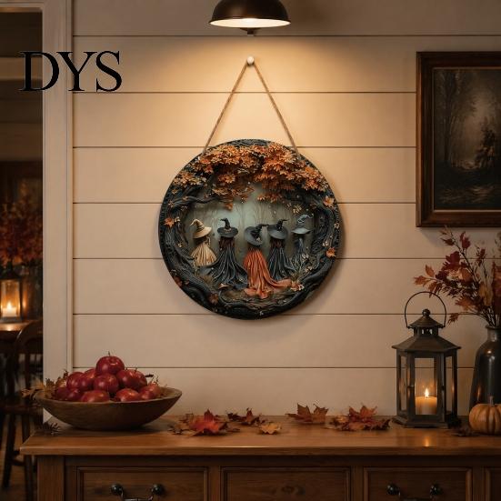 Outdoor Patio Decor Plaque Halloween Round Wooden Hanging Door Sign with 5 Witches, Decorative Boho Style Home Accent Wall for Front Porch Yard