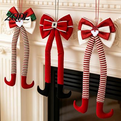 Reusable Festive Hanging Ornaments Christmas Long Legs Bow Ornament, Plush Velvet Decor with Bendable Indoor Decorations for Legs, Red White