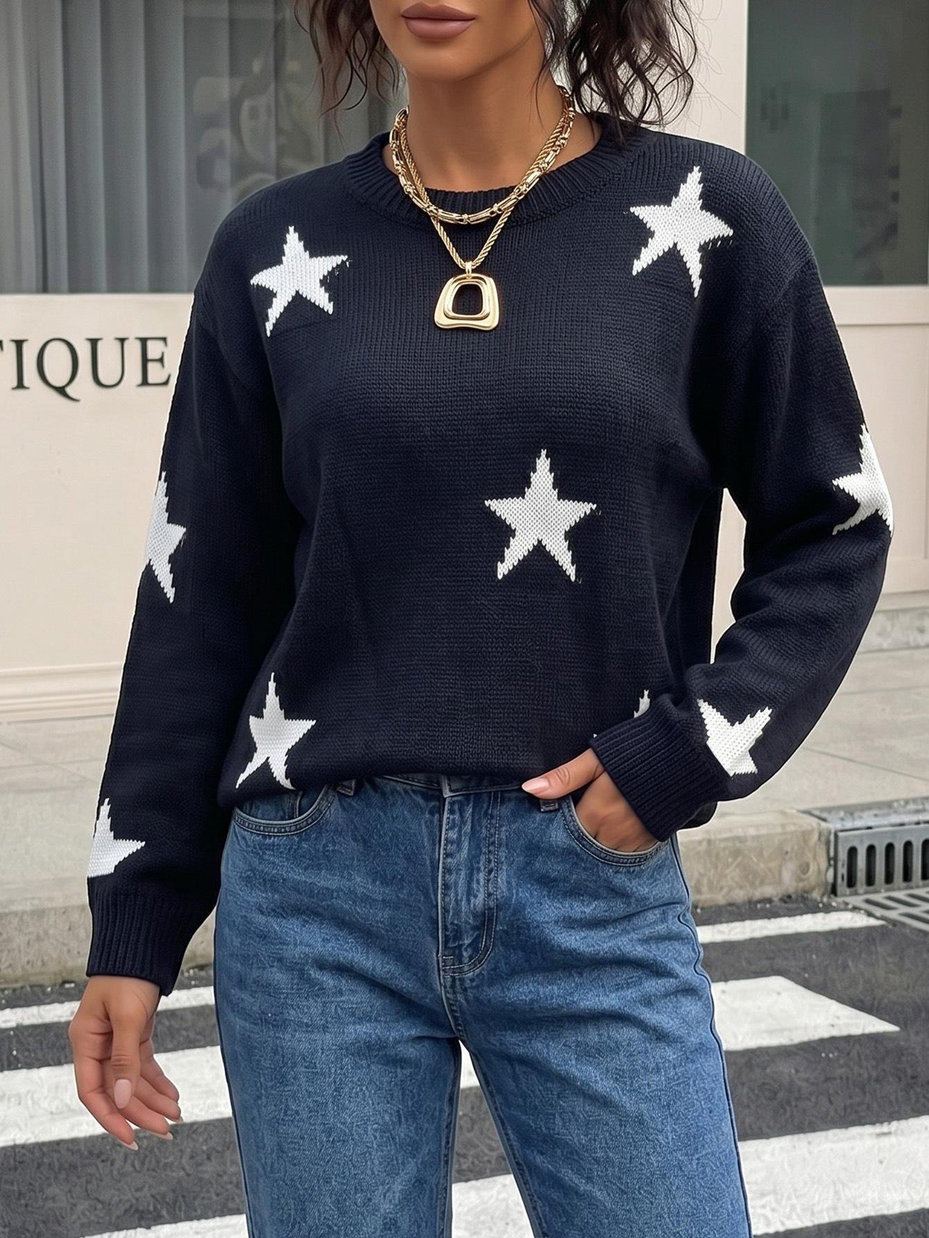 Women S Casual Star Jacquard Knitted Sweater S чёрный