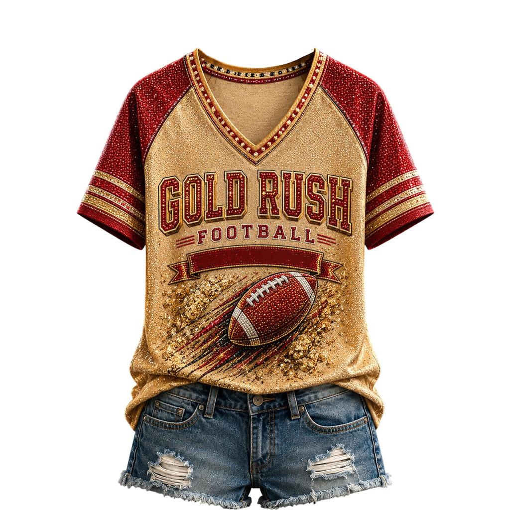 Damen Freizeit V-Ausschnitt Kurzarm T-Shirt mit Raglanärmeln und Rugby-Print