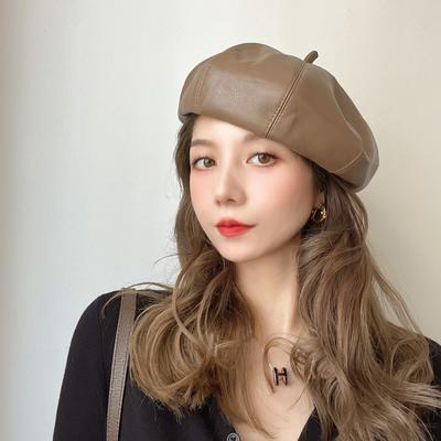 Čepice Baret z PU kůže Dámská zimní čepice Jednobarevná Plochá KPop Plstěná čepice