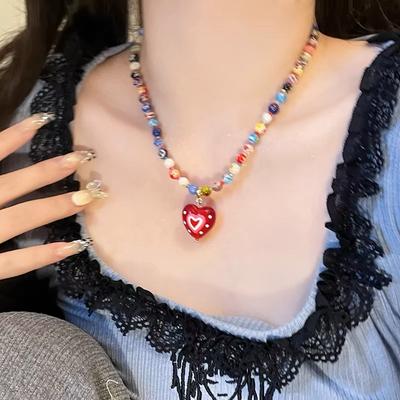 Farbe Dopamin Glasierte Liebe Anhänger Halskette Weiblich Süß Cool Babes Wind Perlenkragen Schlüsselbeinkette Accessoires Schlüsselbein Halskette