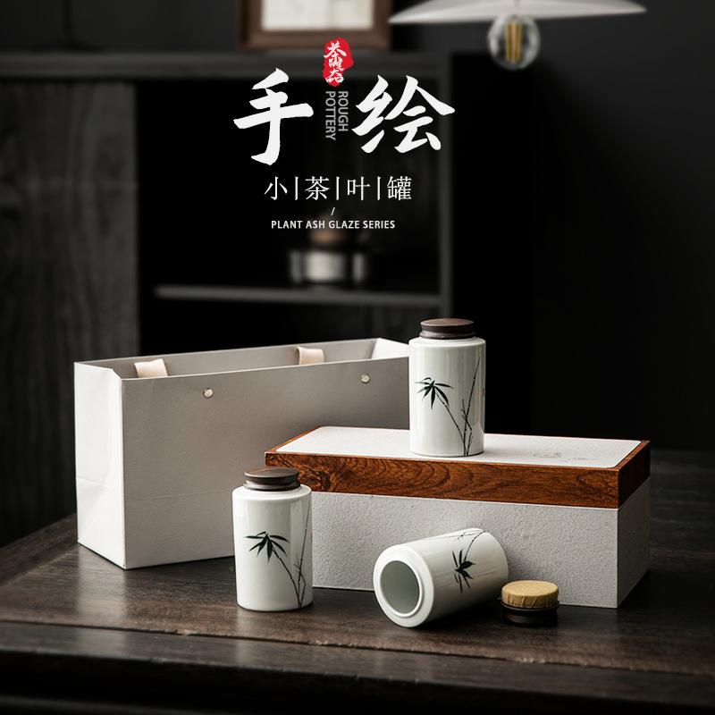 Ceramic Portable Small Tea Can Pure Hand Painted Bamboo Pu'er Tea Broken Silver Tea Packaging Sealed Tea Can Green Tea