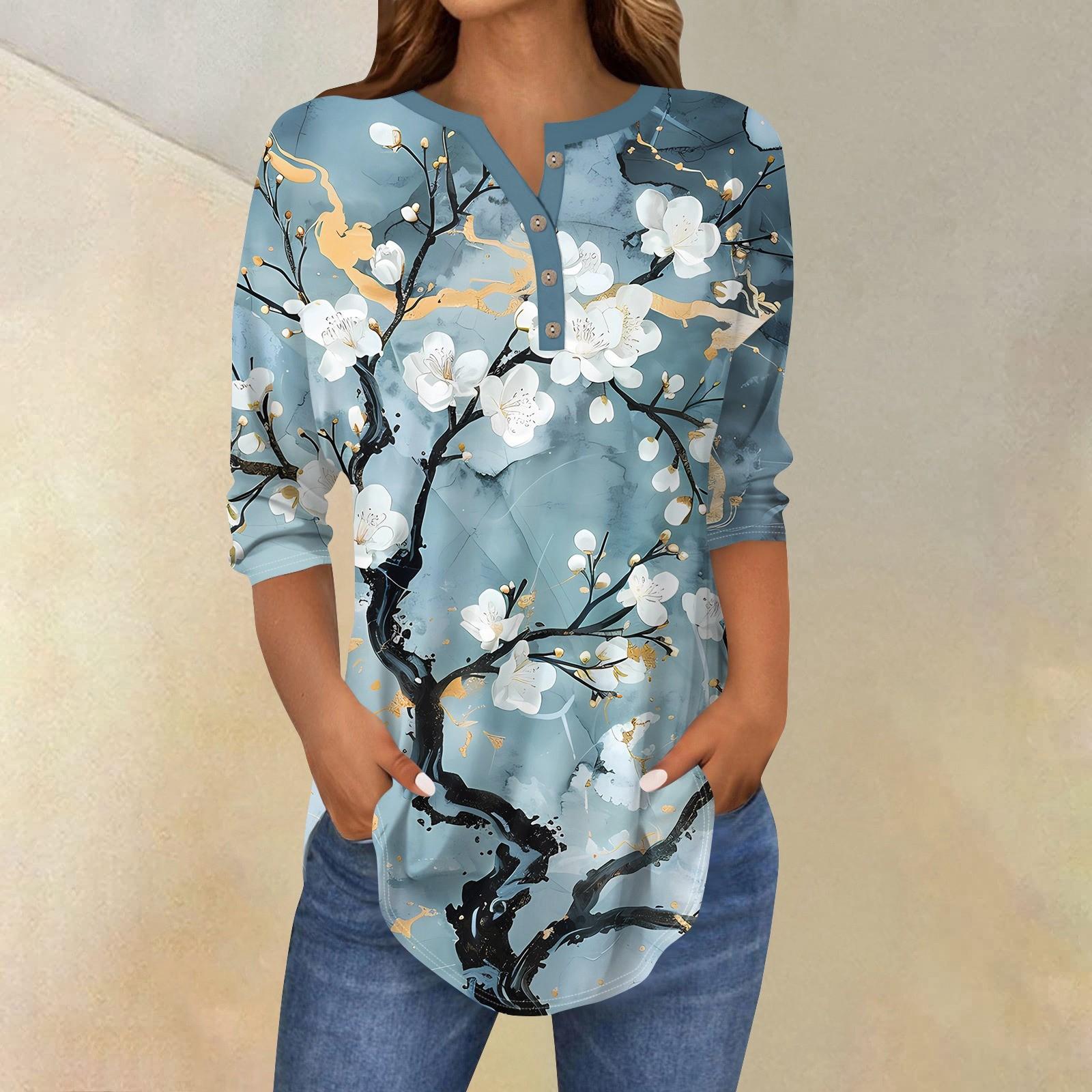 

Сорочки з рукавом 3/4 для жіночої моди Повсякденна футболка з круглим вирізом і принтом L ціан