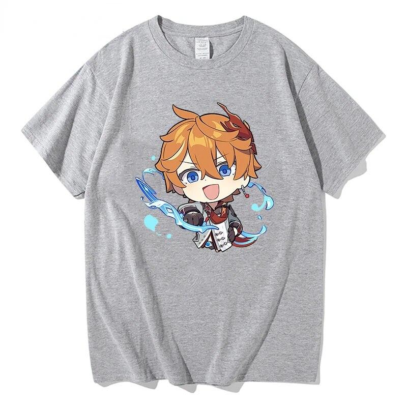 Summer Cozy Soft Casual Tops Tartaglia T-shirt Genshin Impact - Chibi Childe Couple 100%Cotton Cute Cartoon Print Women Shirt