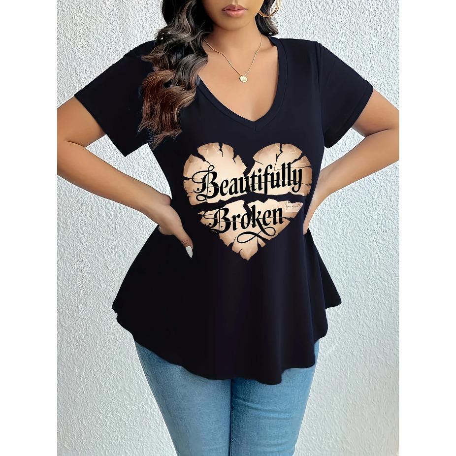 Women'S Plus Size Elegant V-Neck T-Shirt - Short Sleeve, Comfortable Print Top for Spring/Summer "Beautifully Broken" Heart Design, Casual Wear