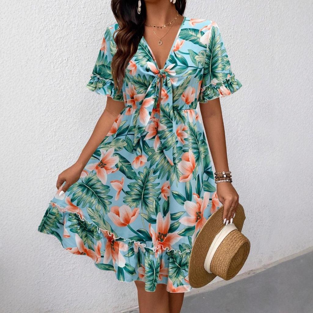2025 European & American V-neck Floral Print Knee-length Summer Dress