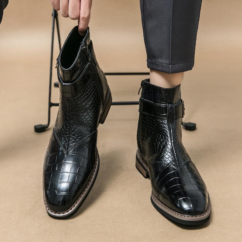 Luxusní šaty Kožené Pánské kozačky Krokodýlí vzor Špičaté prsty Neformální kožené kozačky Pánská móda Vysoké kozačky Party Mes Boty
