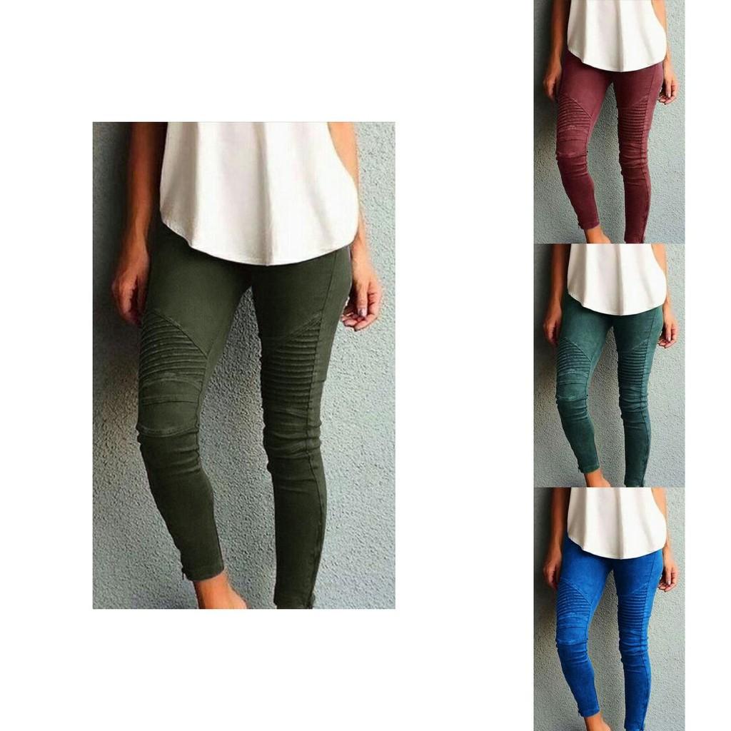 Womens Casual Slim High Elastic Pencil Long Pants Leggings In Vibrant Blue Green And Classic Black