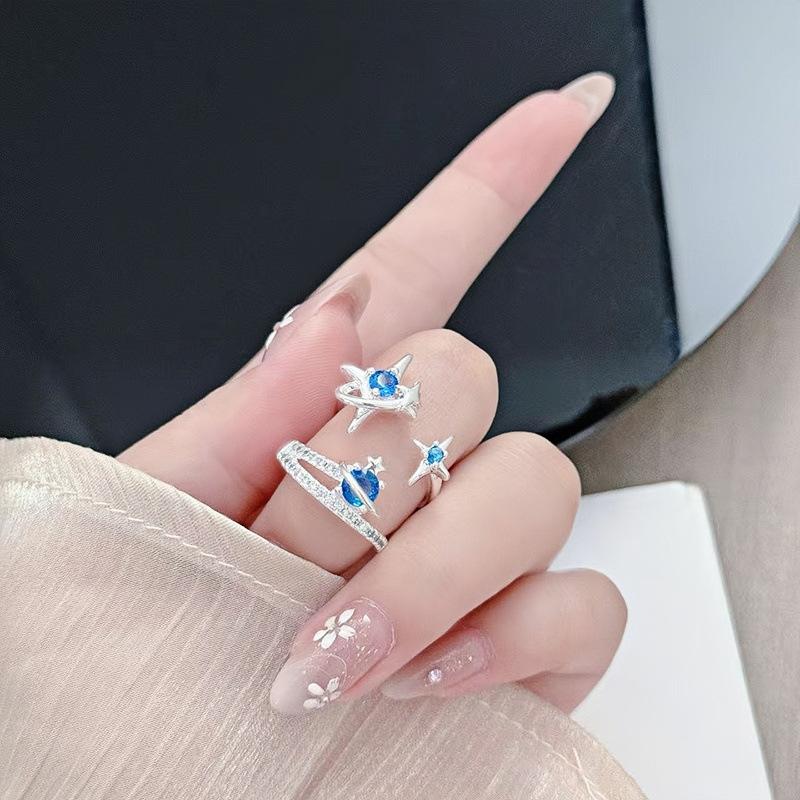 Sea Blue Star Exquisite Tetragonal Star Light Luxury Zir*****Pen Ring Personality Niche High-End Feeling Stacked Ring Woman