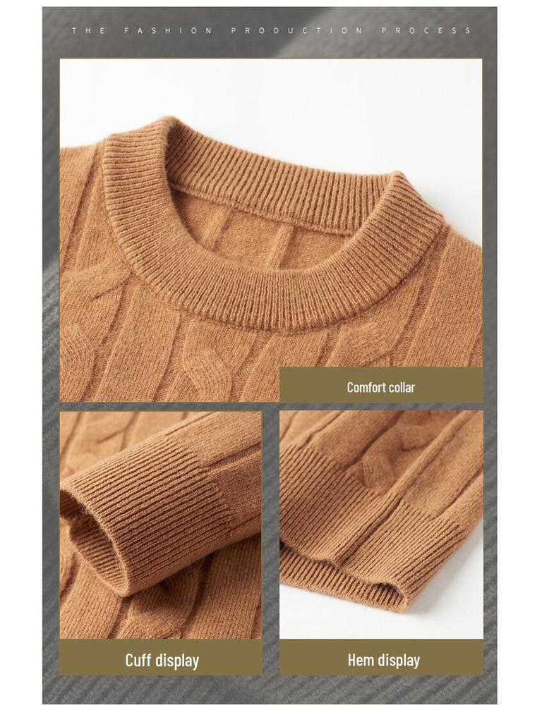 Men's Thick Cable Knit 100% Wool Sweater - Warm and Casual Autumn/Winter Base Layer Knitwear