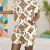Women Plus Size Floral Leaf Printed Round Neck Short Sleeve Top Pocket Shorts Two Piece Set