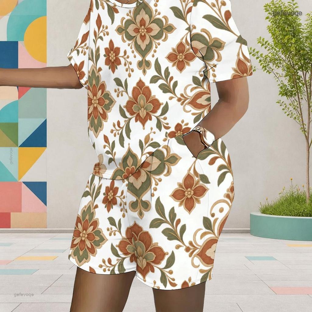 Women Plus Size Floral Leaf Printed Round Neck Short Sleeve Top Pocket Shorts Two Piece Set