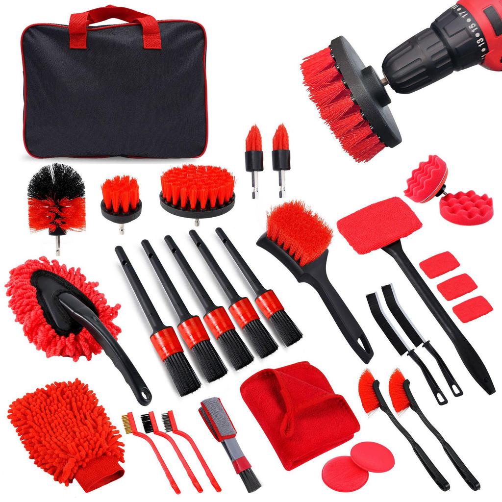 24-Piece Electric Drill Car Cleaning Brush Set with Air Vent, Crevice, and Sponge Brushes
