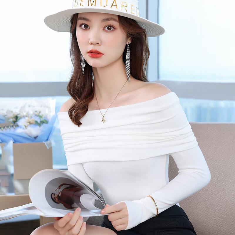 TROMAN Women's Elegant Off-Shoulder Long-Sleeve Knit Sweater