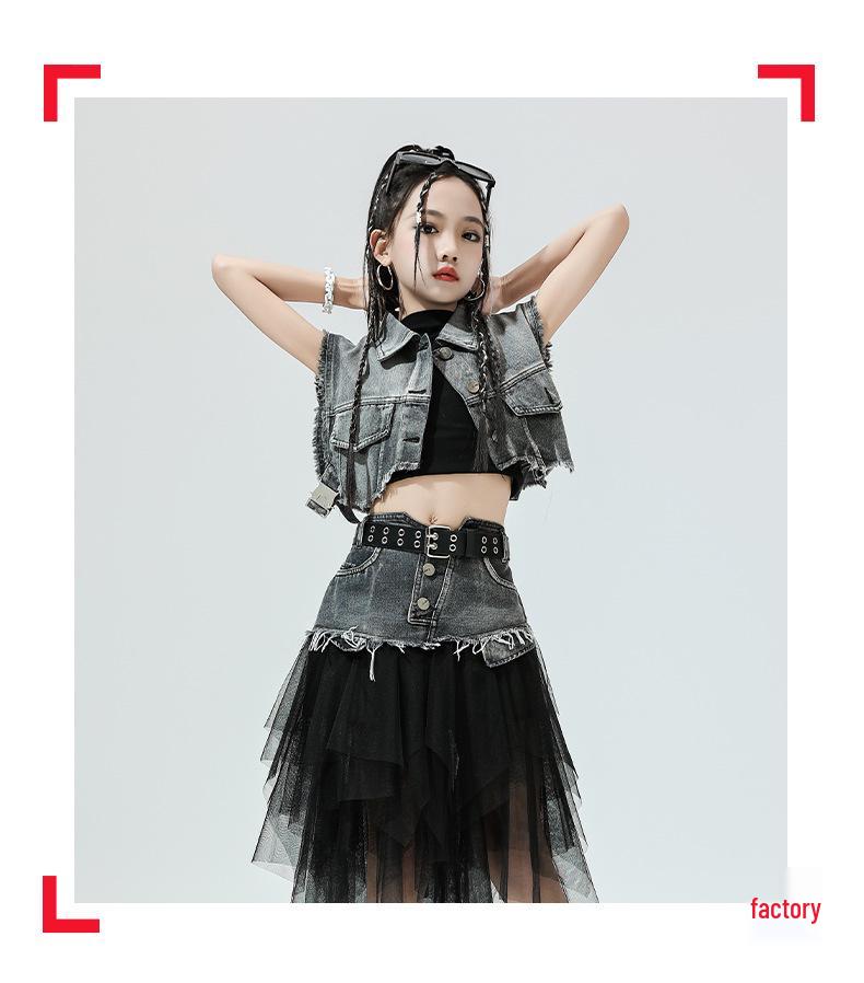 Mädchen Jazz Dance Hip Hop Denim Performance Outfit - Trendiges Kinder Laufsteg Set
