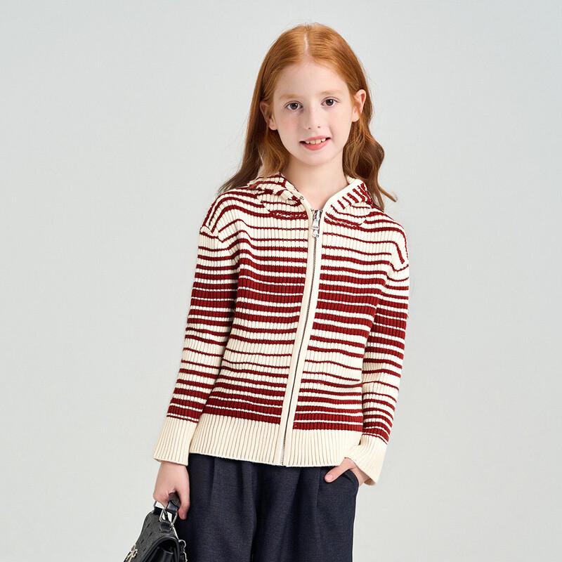Girls  Striped Hooded Zipper Knitted Cardigan 140