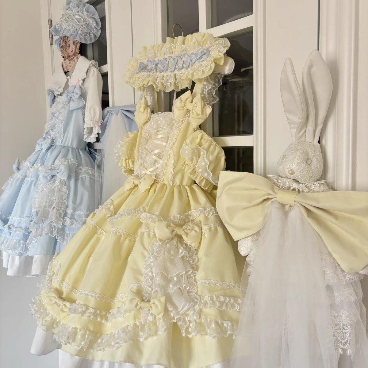 

Sweet Lolita Dress Cream White Ruffle Lace Princess JSK Kawaii Bowknot Puffy Party Dress Elegant Victorian Lolita Outfit Set XS