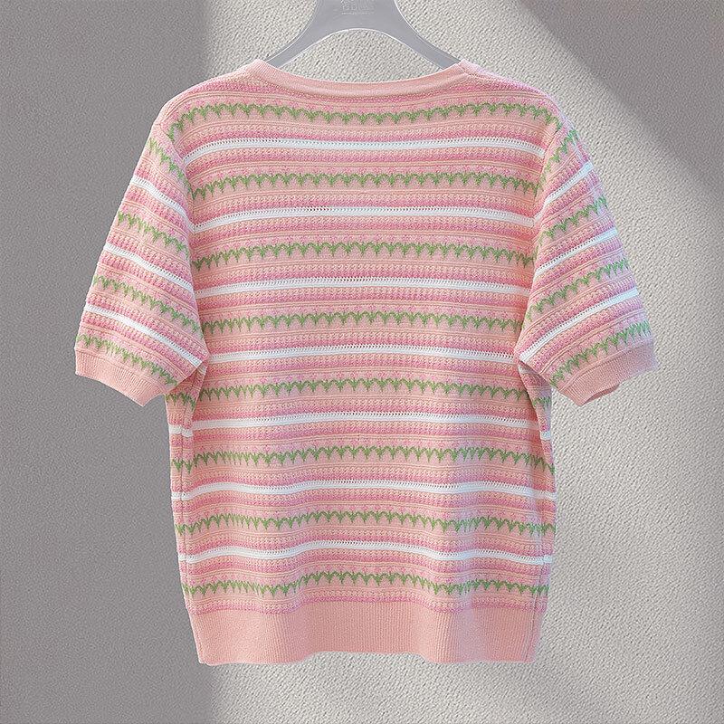 Women's V-Neck Striped Color-Block Short Sleeve Knit Top
