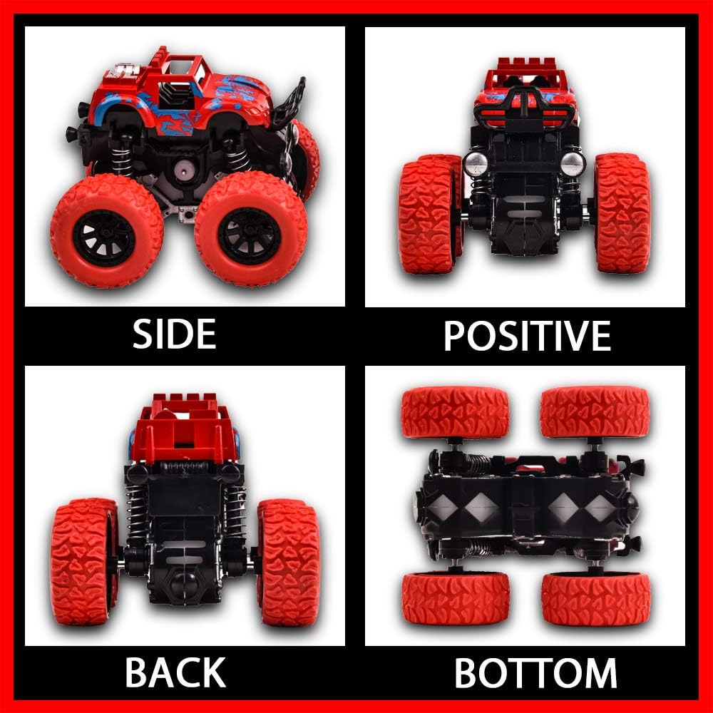 Monster Trucks for Boys, 4 Pack Pull Back Vehicles Cars for Toddlers, 360° Rotation 4 Wheels Drive Durable Friction Cars Powered Push and Go Toys