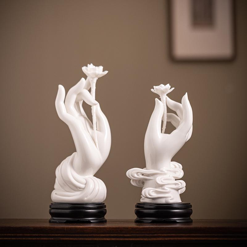 

White Porcelain Buddha Hand Zen Lotus Ornament for Home Decor