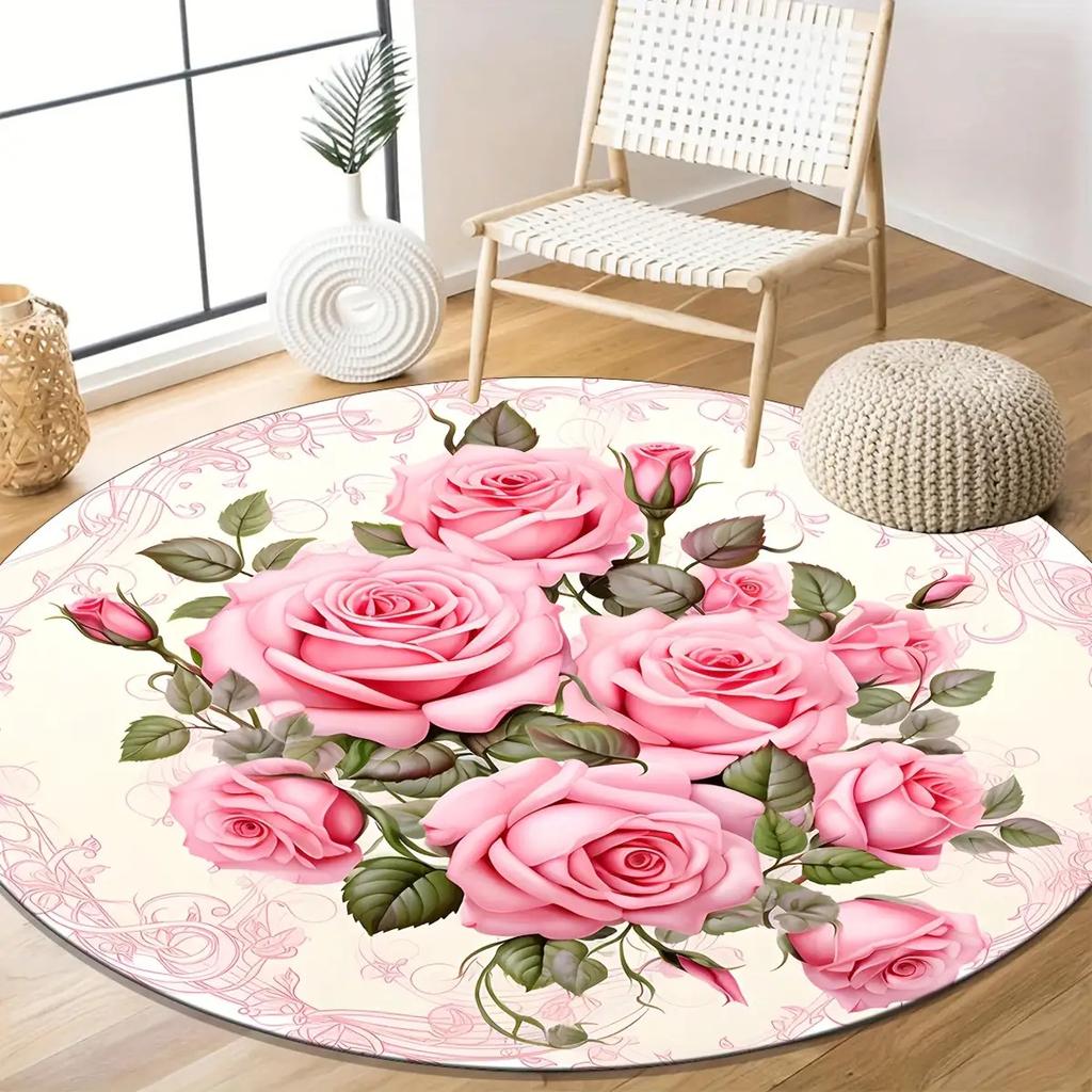 Modern Botanical Flower Round Carpet Soft Non-Slip Decorative Doormat Machine Washable Floor Rug for Kitchen Bathroom Office