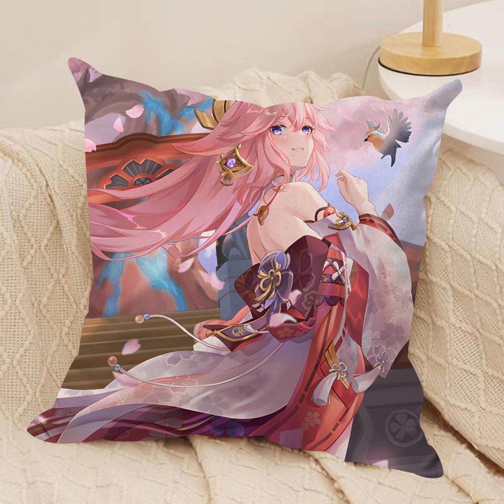 Yae Miko Genshin Impact Cushion Cover Silky Short Plush Invisible Zipper Dustproof Sofa Pillow Case For Home Decor