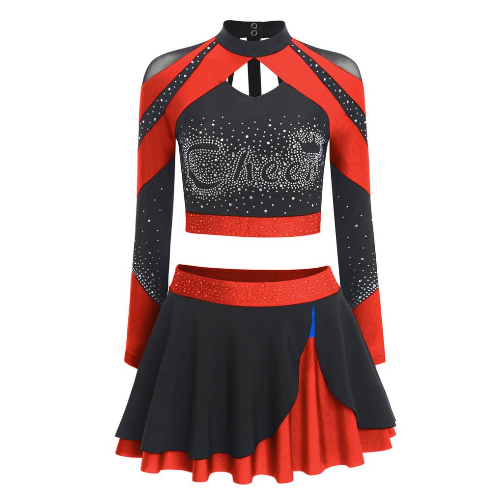 Damen Glitzernder Strass Cheerleading Uniform Langarm Ausgeschnittenes Crop Top Kontrastfarbe Eislauf Rock Set