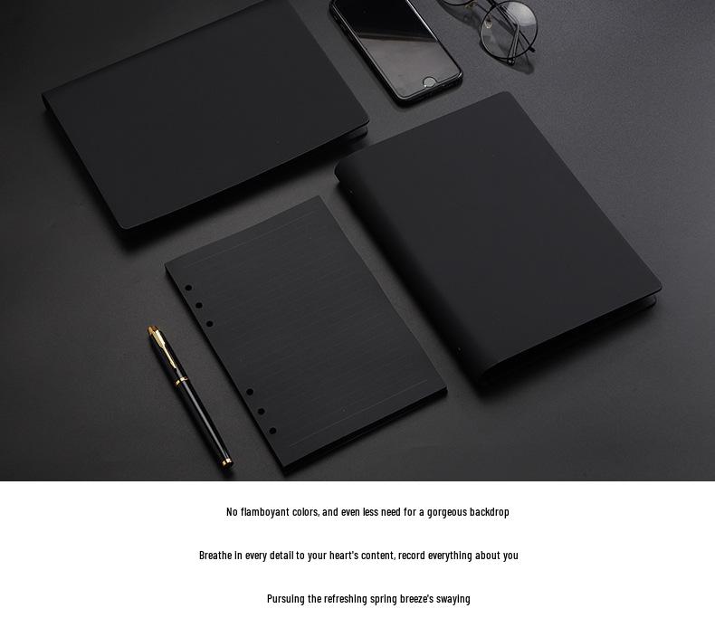 Minimalist Black A5 PU Leather Loose-Leaf Notebook with Black Card Paper Inner Pages